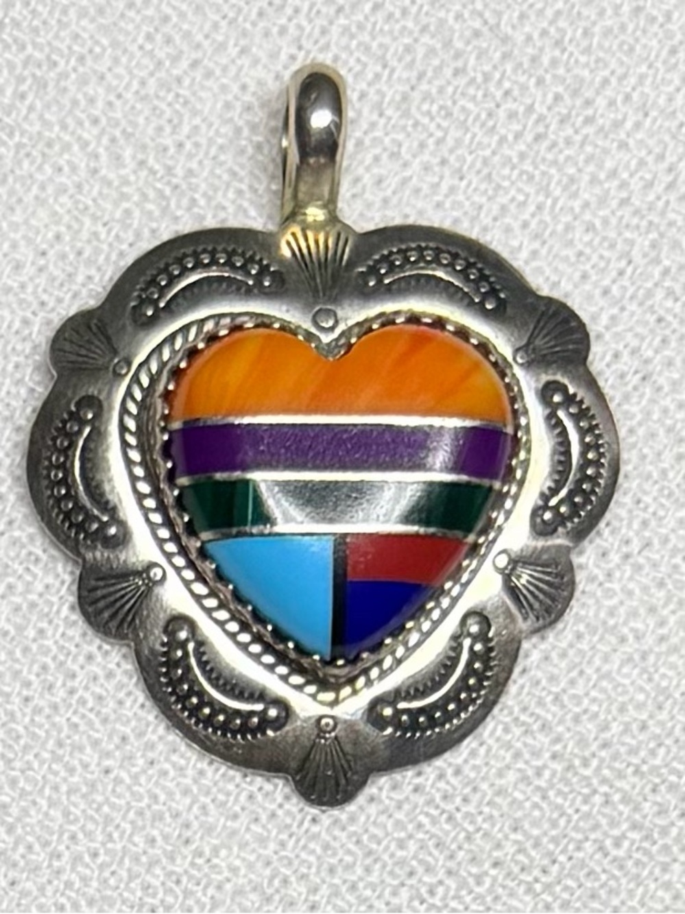 Vintage Quoc QT Sterling-Inlay Multi-Color Heart 1” Pendant